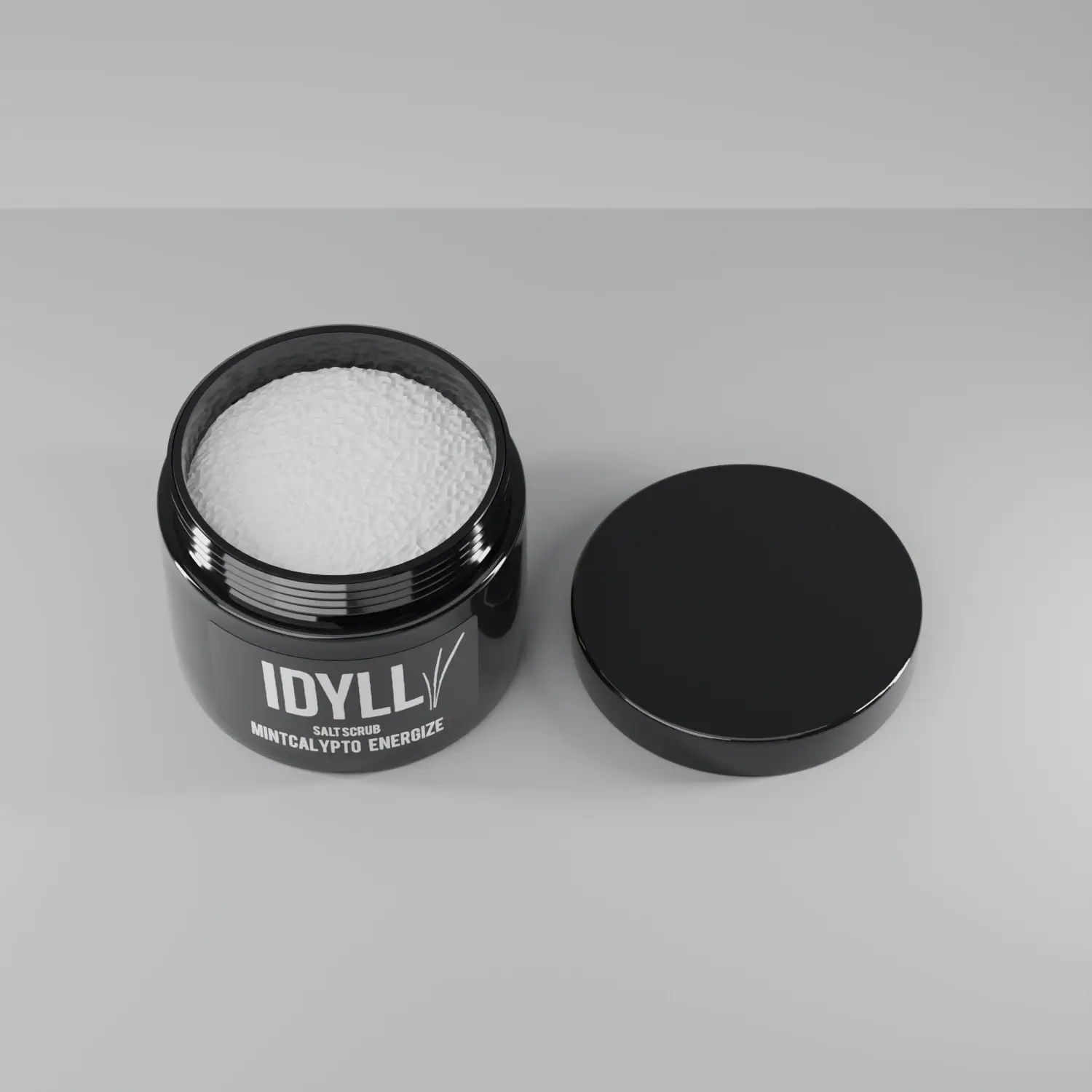 Natural Salt Scrub Mintcalypto Energize with the lid off, showing the contents